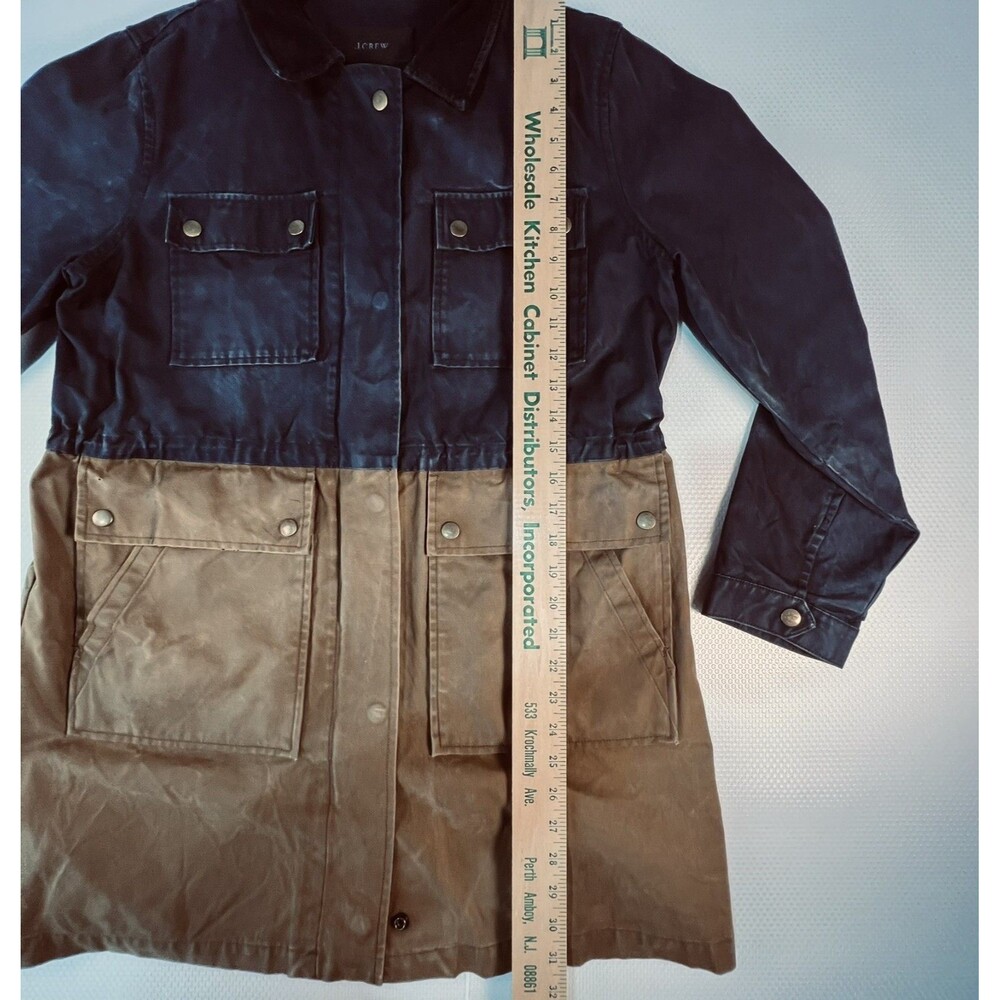 J.Crew Long Colorblock Field Jacket M Waxed Cotton Canvas Navy Tan Barn Chore Co - Picture 16 of 16